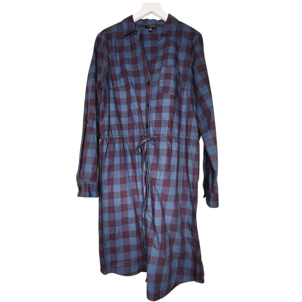 The Limited Plaid Shirt Dress S Blue‎ Purple Long Sleeve Drawstring Cotton
